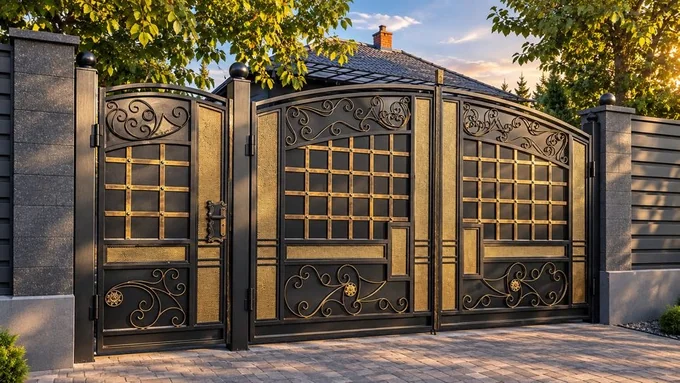 Poartă cu rețea pătrată aurie și volute P-073 — GNV METAL